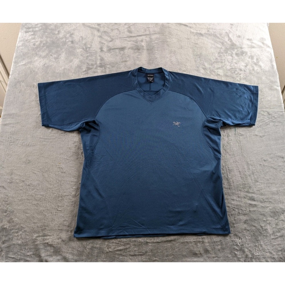 VTG Arcteryx Shirt Mens Large Blue V Neck Short Sleeve Tee Canada Made 90s READ